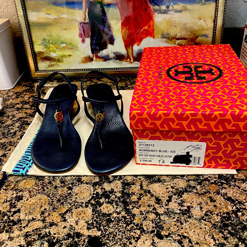 Tory Burch sandals, size 7.5,  Dark Navy, leather with tan heels.